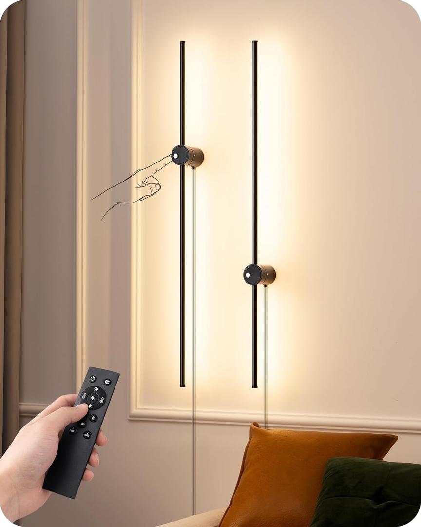 EDISHINE Plug in Wall Sconce Set of Two, Stepless 2700K-6000K Dimmable LED Wall Lights, 350 Rotation 39.4" Touch Wall Sconce with Remote, Timer, Night Light Mode for Living Room Bedroom Hallway