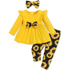 Doresbebe Baby Girl Clothes Toddler Girl Outfits Infant Girl Summer Clothes for Girl Ruffle Shirt Pants+Cute Headband 3PCS (Yellow-sfl)