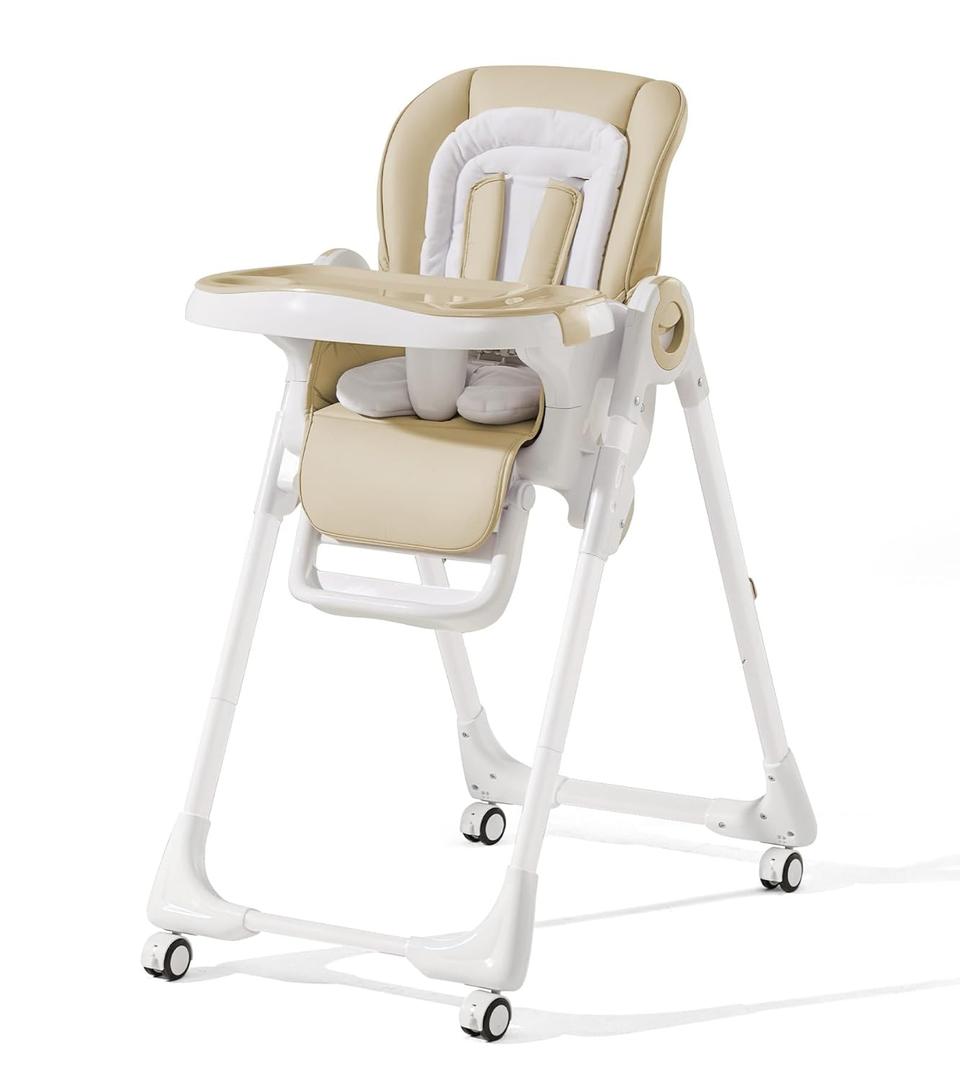 Convertible High Chairs for Babies and Toddlers, Height Adjustable Baby High Chair, High Chair with Removable Tray, Adjustable Backrest and Pedal, Portable Baby Dinning Chair with Lockable Wheels (Cream-White Leg)