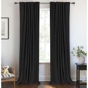 100% Blackout Shield Linen Blackout Curtains for Bedroom 102 Inches Long, Back Tab/Rod Pocket Living Room Drapes, Thermal Insulated Blackout Curtains 2 Panels Set, 50" W x 102" L, Black