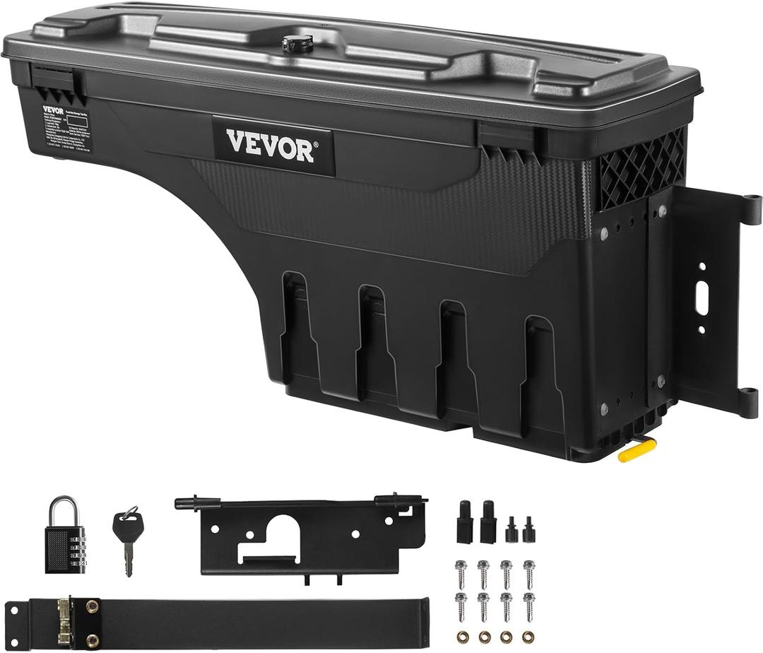 VEVOR Truck Bed Storage Box, Lockable Lid, Waterproof ABS Wheel Well Tool Box 6.6 Gal/20 L with Password Padlock, Compatible with Dodge Ram 1500 2019-2021, Passenger Side, Black