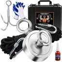 VNDUEEY 1000 LBS Fishing Magnet Kit, Magnet Fshing Kit-Includes Grappling Hook, Heavy Duty 65FT Rope, Gloves & Locking Carabiner - 2.95inch Diameter