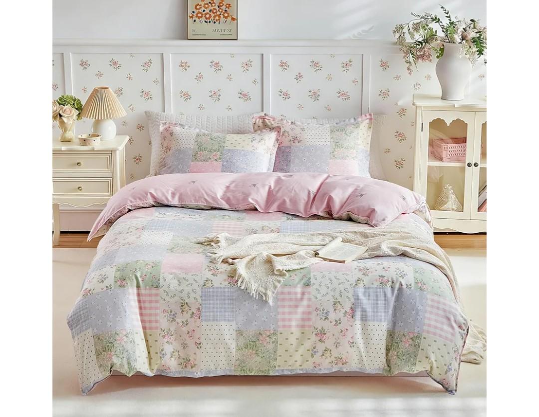 Joyreap 3pcs Twin Size Cotton Duvet Cover Set for Girls, Colorful Flowers Grids Patchwork Design, 1 Duvet Cover 68x90 Inches (Comforter Not Included) and 2 Pillow Shams