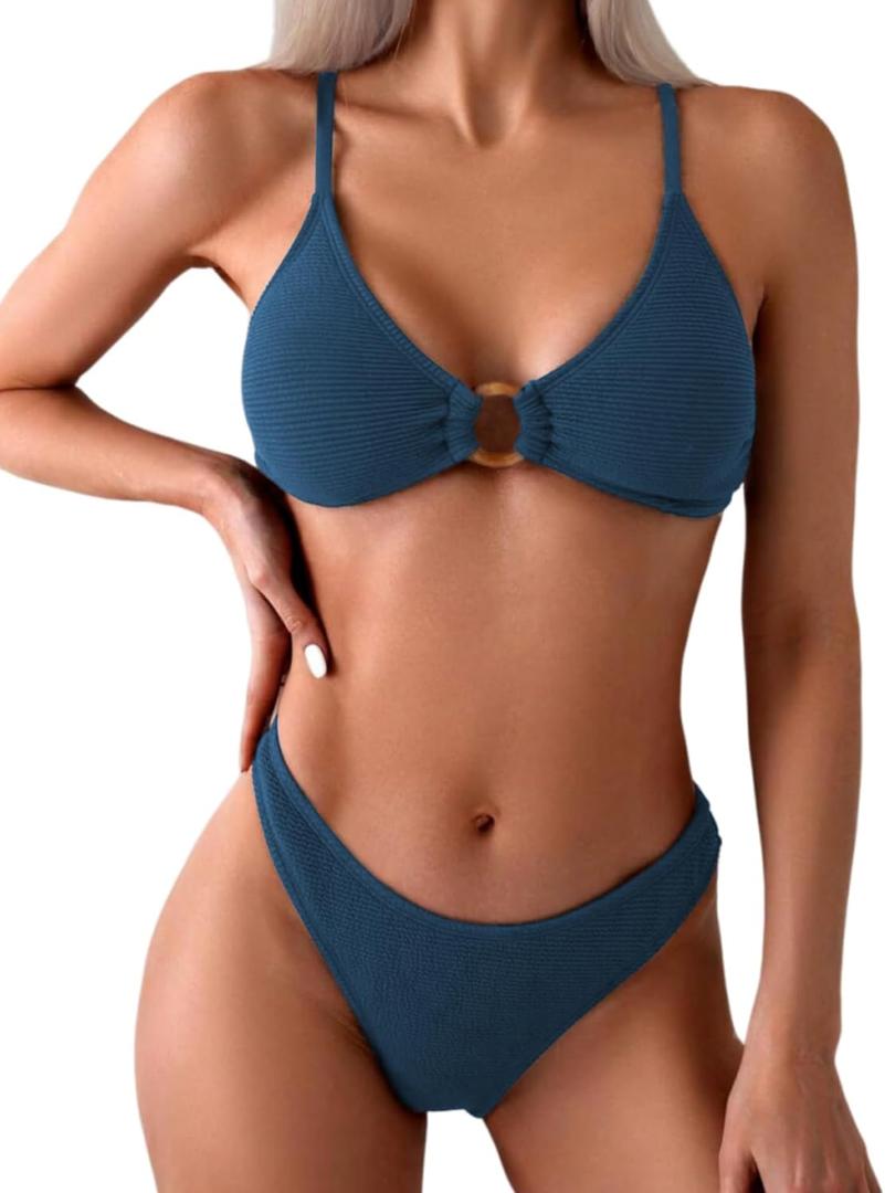 ZAFUL Women's Sexy Triangle Bikini Set O Ring Linked Two Piece Swimsuits Textured Ruched Cheeky Bathing Suit (Blue, M)