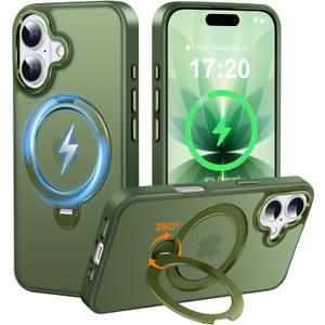 360 Spin Magnetic Stander for iPhone 17 Case [Compatible with Magnetic] [Built-in Kickstand] Mil-Grade Protective, Matte Non-Slip for iPhone 17 Phone Case(Green)