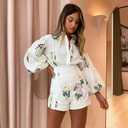Molilove Womens 2 Piece Outfit Hawaiian Long Sleeve Button Down Shirt Shorts Tracksuit Lounge Set Shorts Set (M)