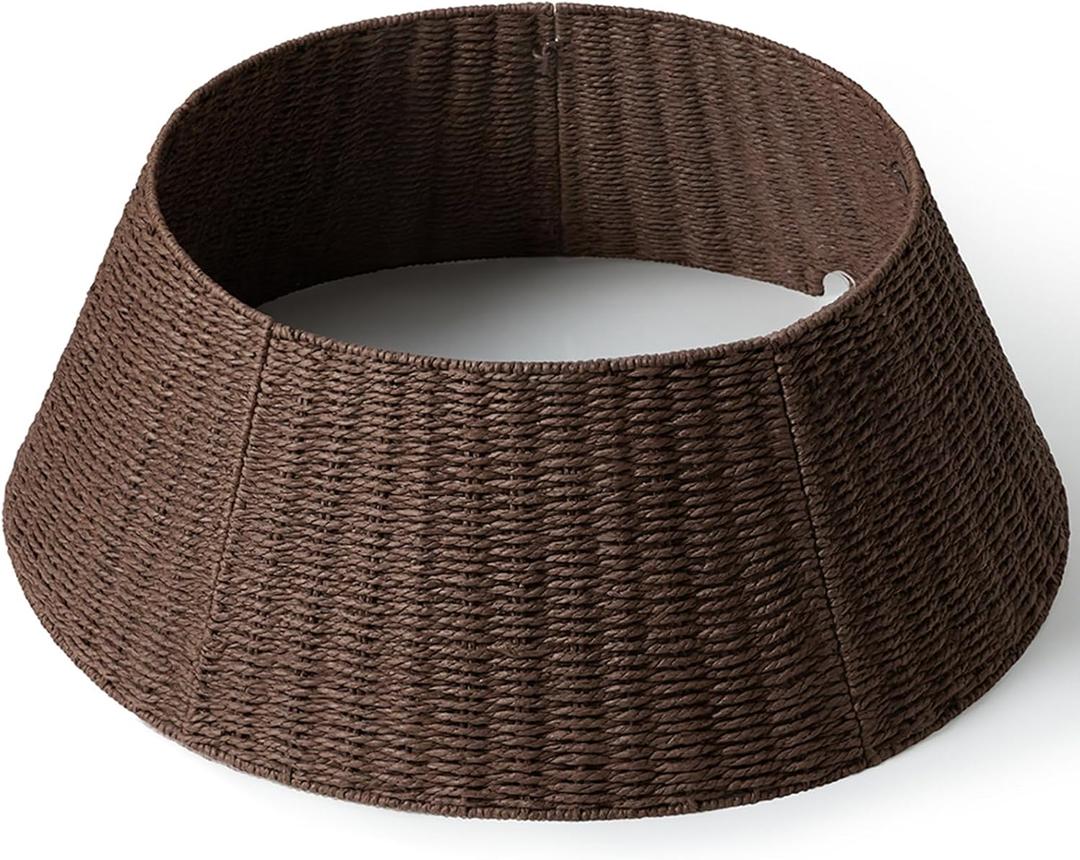 28in Christmas Tree Collar - Wicker Woven Tree Collars for Artificial Trees - Handmade Rattan Rustic Farmhouse Basket for Tree Base Cover with Cord Cut-Out for 6ft 7.5ft 8ft Trees (Brown)