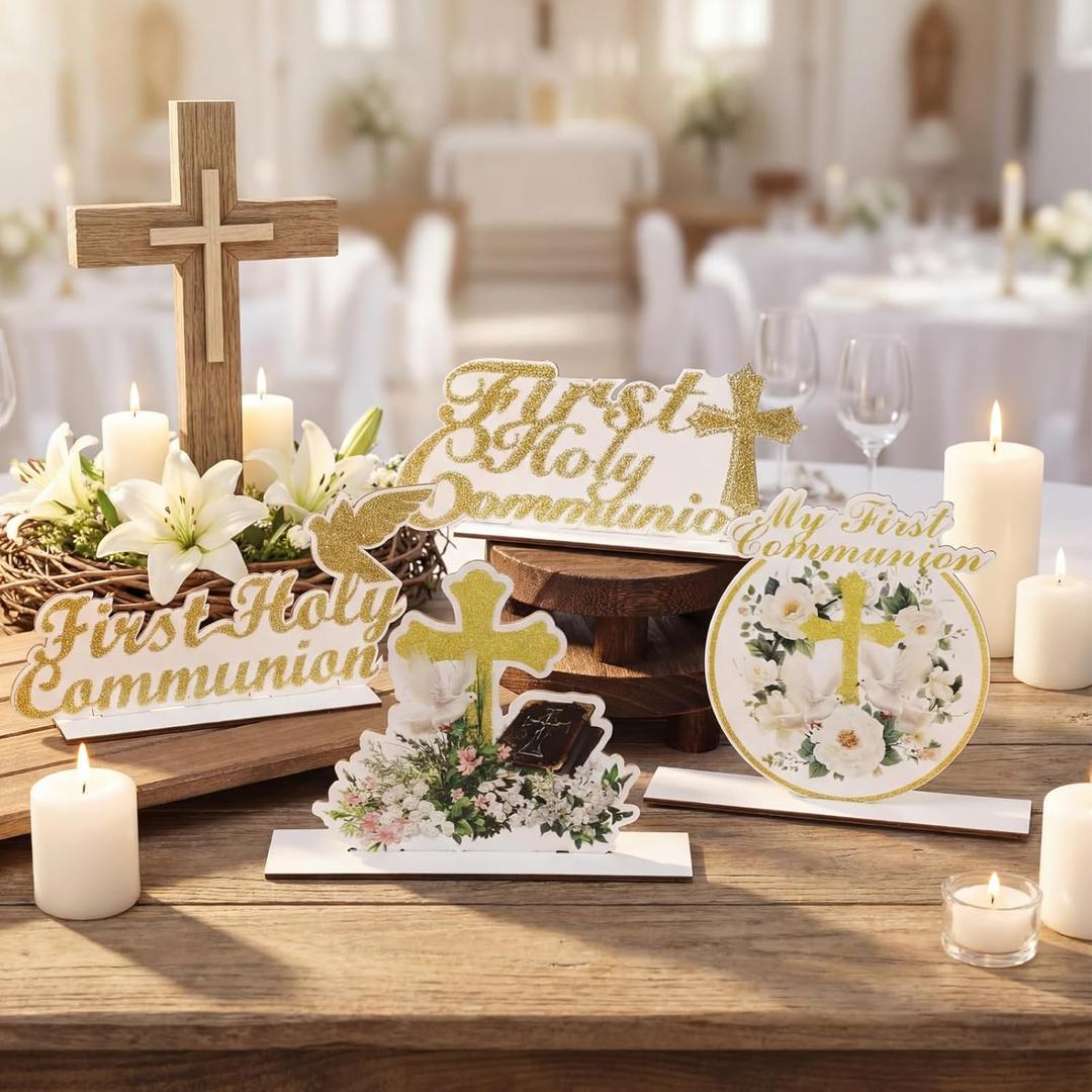 First Holy Communion Tabletop Decorations Gold Glitter First Communion Cross Dove Bible Centerpieces Tables for Wedding Christening Birthday Photo Props Blessed Celebration Party Decor