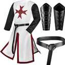 Hicarer Medieval Crusader Knights Halloween Men's Tunic Renaissance Costume Set Viking Belt for Warrior Knight Cosplay (Large, Red)