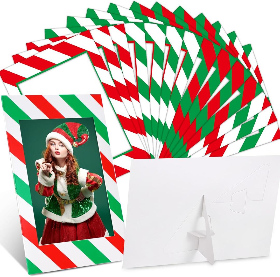 Leinuosen 120 Pcs Christmas Picture Frame Ornaments Bulk 5 x 7 Inch Xmas Photo Frames Holiday DIY Cardboard Frames with Stands Photo Crafts Frame for Xmas Presents Desktop Use(Stripe Theme)