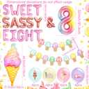 8th Birthday Decorations Sweet Sassy and Eight Birthday Decorations for 8 Year Old Girl Ice Cream Theme Party Supplies with Backdrop Balloons Sweets Donuts Theme
