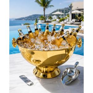 Polished Gold Large Stainless Steel Ice Bucket for Parties, Beverage Tub