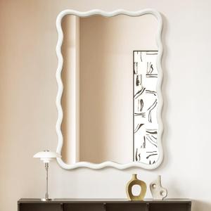 Dorlicecass White Wavy Mirror Solid Wood- Squiggly Mirror Vanity Modern Wall Decor for Bathroom, Bedroom, Living Room, Dining Room, Cloakroom, Entryway, White, 20"L x 30"W
