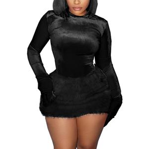 LKOUS Women's Dressy 2 Piece Outfits Long Sleeve Solid Velvet Top and Fuzzy Skirt Rave Skirt Sets (X-Large, Black)