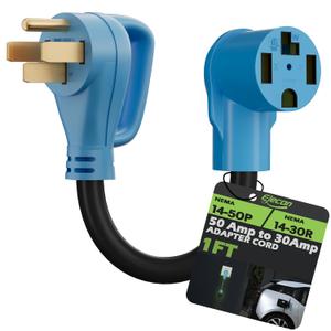 Elecan NEMA 14-50P to 14-30R EV Dryer Charger Adapter Cord, 4 Prong 50 Amp Male to 30 Amp Female, 125V/250V 10 AWG Heavy Duty Waterproof Power Converter for Level 2 EV Tesla, Generator-ETL-Blue-1 Ft