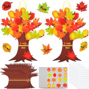 Gueevin 60 Sets Thanksgiving Crafts for Kids Thankful Tree with Leaves DIY Thanksgiving Gratitude Themed Tree Hanging Ornament Thankful Crafts for Adults Autumn Fall Activities Party Decorations