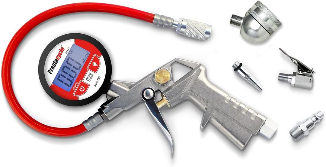 Prestaflator Digital Bicycle Tyre Inflator - Portable Digital Gauge, High Precision Presta & Schrader Air Compressor Tool, Variable-Rate Trigger, Aluminum, Tubeless Tire Inflation & Pressure Checker