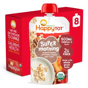 HAPPYTOT Organics Stage 4 Baby Food Pouches, Gluten Free, Super Morning Fruit & Oat Blend, Apple, Cinnamon, Yogurt, Oats & Chia, 4 Oz (Pack of 8) (EXP 02/08/27)