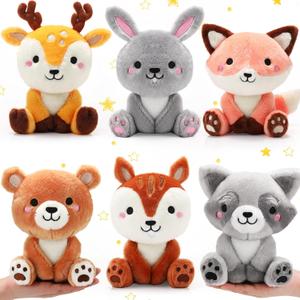 6 Pcs Woodland Animals Toys 7 Inch Bear Rabbit Squirrel Deer Raccoon Fox Large Stuffed Animals Bulk for Woodland Baby Showers Party Decor Birthday Gifts Classroom Teacher Student Awards