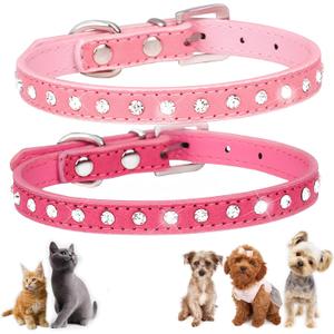 Small Dog Collar with Rhinestone, 2-Pack Bling Cat Collar Glitter Diamond Jewelry Crystal Girl Puppy Collar for XXS XS Small Medium Female Dogs & Kitten, Pink +Hot Pink XSmall 5/8 inch