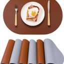 Waterproof Placemats Set of 6 Oval,Reversible Faux Leather Placemat Heat Resistant,Anti Slip Washable Table Placemats for Dining Table,Modern Table Protectors(Brown and Grey)
