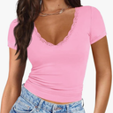 Imily Bela Womens Sexy V Neck T Shirts Summer Lace Short Sleeve Slim Fit Y2k Going Out Crop Tops Size S