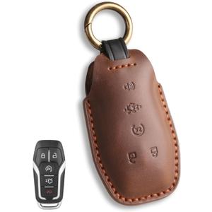 fits for Ford Key Fob Cover . Compatible with 2013-2017 F150 Mustang Explorer Fusion Edge MKZ MKC MKX Fits for Lincoln 5 Button Smart Leather Car Key Protector Fob Chain/Brown