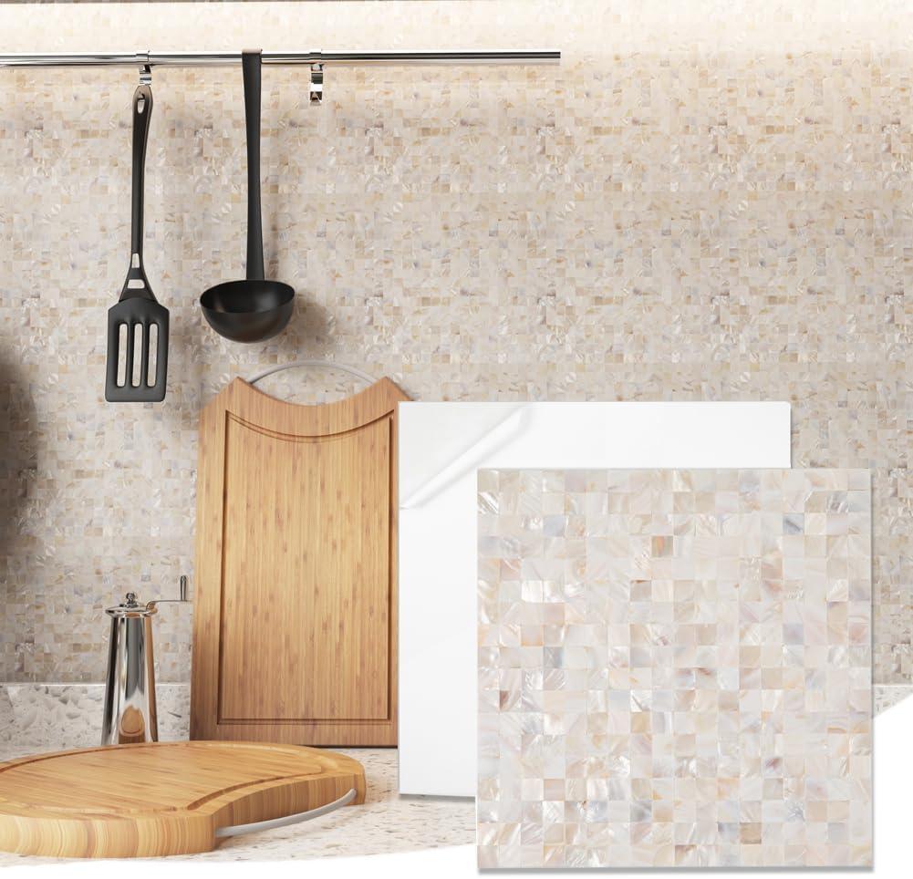 Diflart Mother of Pearl Peel and Stick Backsplash Sqaure Mosaic Tile for Kitchen Bathroom Wall Decor Pack of 6 Sheets