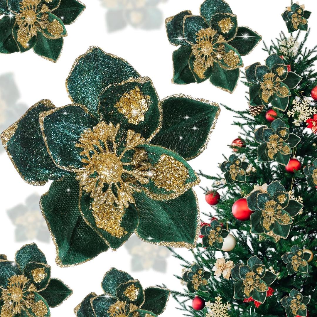 Norme 15 Pcs 3 Size Velvet Christmas Poinsettia Flowers Magnolia Glitter Artificial Flowers Ornaments Poinsettia for Christmas Tree Wreath Garland Wedding Holiday Decor(Green)