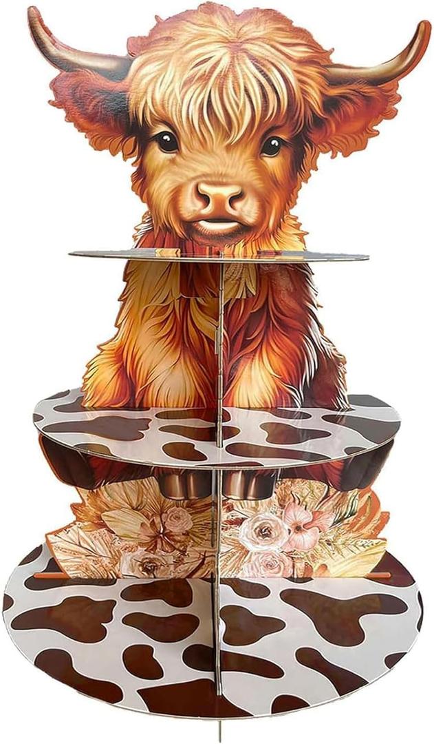 Highland Cow Cupcake Stand - 3 Tiered Dessert Cake Table Display for Boy or Girl Baby Shower Birthday Party Decorations