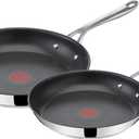 T-Fal x Jamie Oliver Nonstick Coated Stainless Steel Pans 9.5" & 11", Induction Compatible, Oven Safe up to 500F, Chef's Stainless Steel Skillet, Frying Pan, Silver