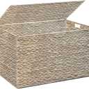 Water Hyacinth Storage Basket with Lid, 42.3 Gallon (160L) Wicker Storage Trunk with Handles, Handwoven Wicker Storage Basket for Blanket, Foldable, for Living Room, Laundry Room, White