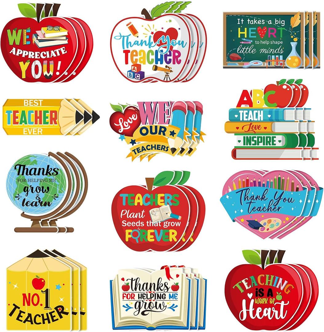 Fuyoooo 36 Pcs Teacher Appreciation Gfits Teacher Appreciation Theme Door Decorations Cutouts Teachers Thank You Gifts Cards Apple Heart Pencil Cutouts for Wall Decorations