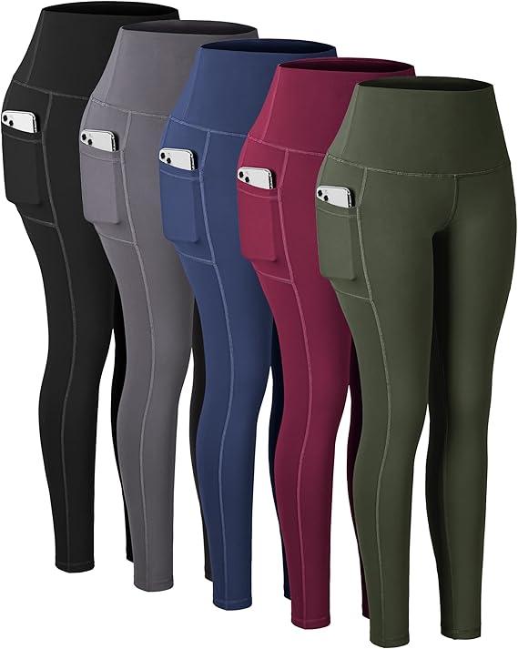 CHRLEISURE Leggings with Pockets for Women, High Waisted Tummy Control Workout Yoga Pants (4 Packs - Grey/Navy/Burgundy/Army Green) L