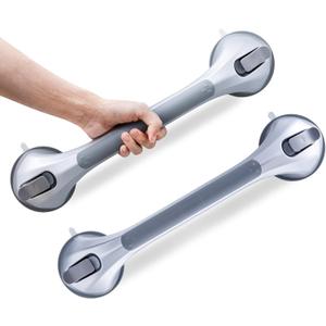 LEVERLOC Shower Grab Bars 2 Pack, Suction Grab Bar Easy to Install Shower Handle for Bathroom Removable Handrails for Seniors Elderly Heavy Duty Safety Grip Waterproof Drill Free, Silver (16.8 2 Set)