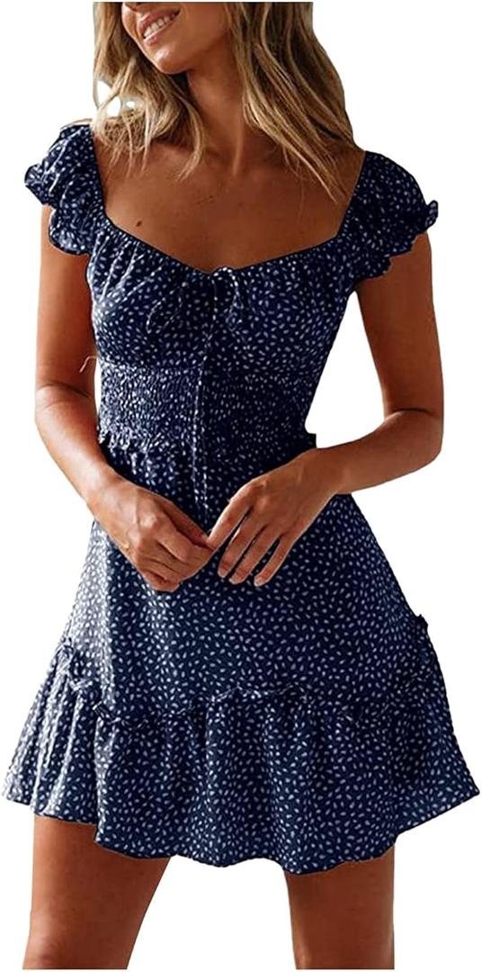 Women's Summer Trendy Boho Mini Dress Ruffle Sleeve Floral Printing Dress Short Dress Beach Vacation Sundress Size S