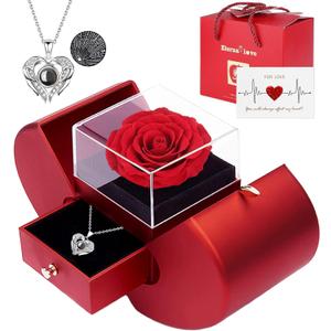 Preserved Real Rose with I love you Necklace 100 Languages, Gifts for Girlfriend, Women, Mom, Wife, Gifts Idea on Christmas, Valentine's Day, Mother's Day, Birthday, Anniversary, Thanksgiving (Red)