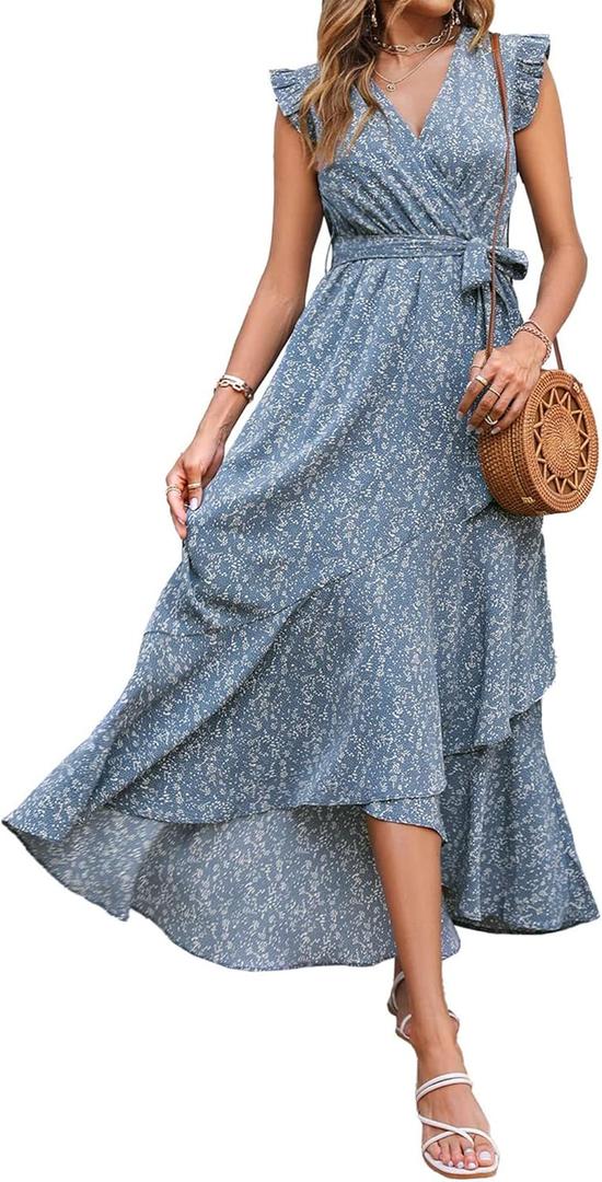 BTFBM Summer Floral Maxi Dress for Women 2025 Vacation Ruffle Sleeve V Neck Belt Wrap Spring Beach Wedding Guest Dresses (Small)