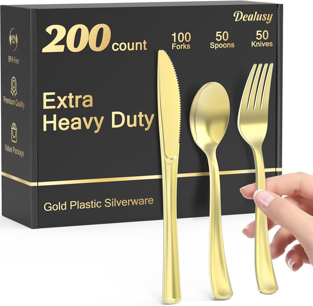 Dealusy 200 Count Heavy Duty Gold Plastic Silverware, 100 Forks, 50 Spoons, 50 Knives, BPA-Free, Heat Resistant, Disposable Plastic Utensils Set Cutlery Set, Plasticware Bulk