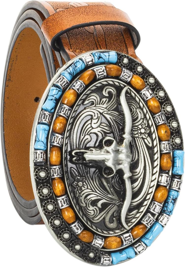 Western-Cowboy-Belts for Women Men Vintage Floral-Engraved Bull Head Buckle Cowgirl-Waist-Belt for 25 to 38" Waist (For Waist 27-32 in, Brown-blue Beads)