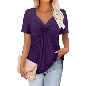 ONLYSHE Womens V Neck Shirts Short Sleeve Tops Front Knotted T Shirt Casual Solid&Floral Tunic Summer Henley Tees Blouse (S)