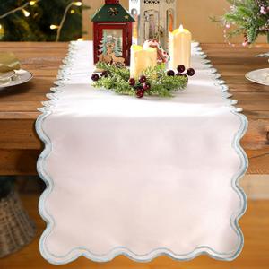 Scalloped Edge Table Runner 70 Inches Preppy Embroidery Edge Table Runner Cute Neutral Rustic Dining Decor for Kitchen (Light Blue,White)