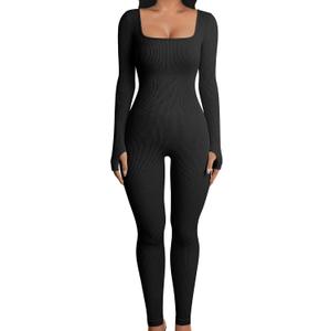 OQQ Women Long Sleeve Yoga Jumpsuits Workout Ribbed Bodysuits Pants Sexy One Piece (Large, Black)