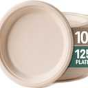 Disposable Plates, Sturdy and Durable Compostable Paper Plates - Heavy Duty, Eco-Friendly, Biodegradable, Unbleached, Sugarcane Bagasse Dinner Plate, 125-Pack 10 Inch