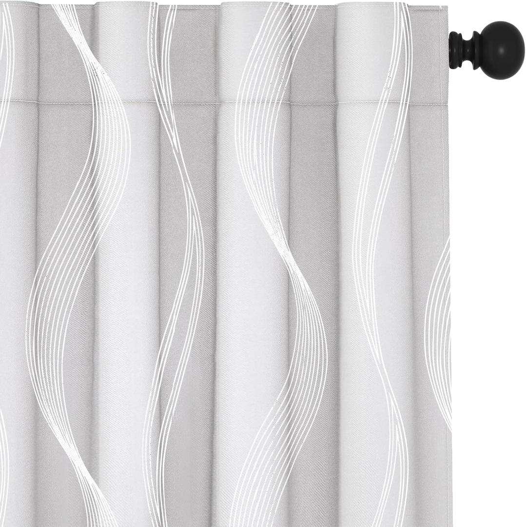 Deconovo Blackout Back Tab Curtains with Geometric Pattern, Room Darkening, Heat Blocking, Energy Saving Drapes for Bedroom, Living Room, 2 Panels, Star White, 52W x 84L Inch, Wave Stripe