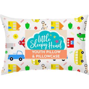 Little Sleepy Head Youth Pillow with Pillowcase 16x22, Soft Jumbo Toddler Pillows, Hypoallergenic Pillow Case - Best Kids Pillows for Sleeping, Perfect Kids Travel Pillows (Trucks 'N Cars)