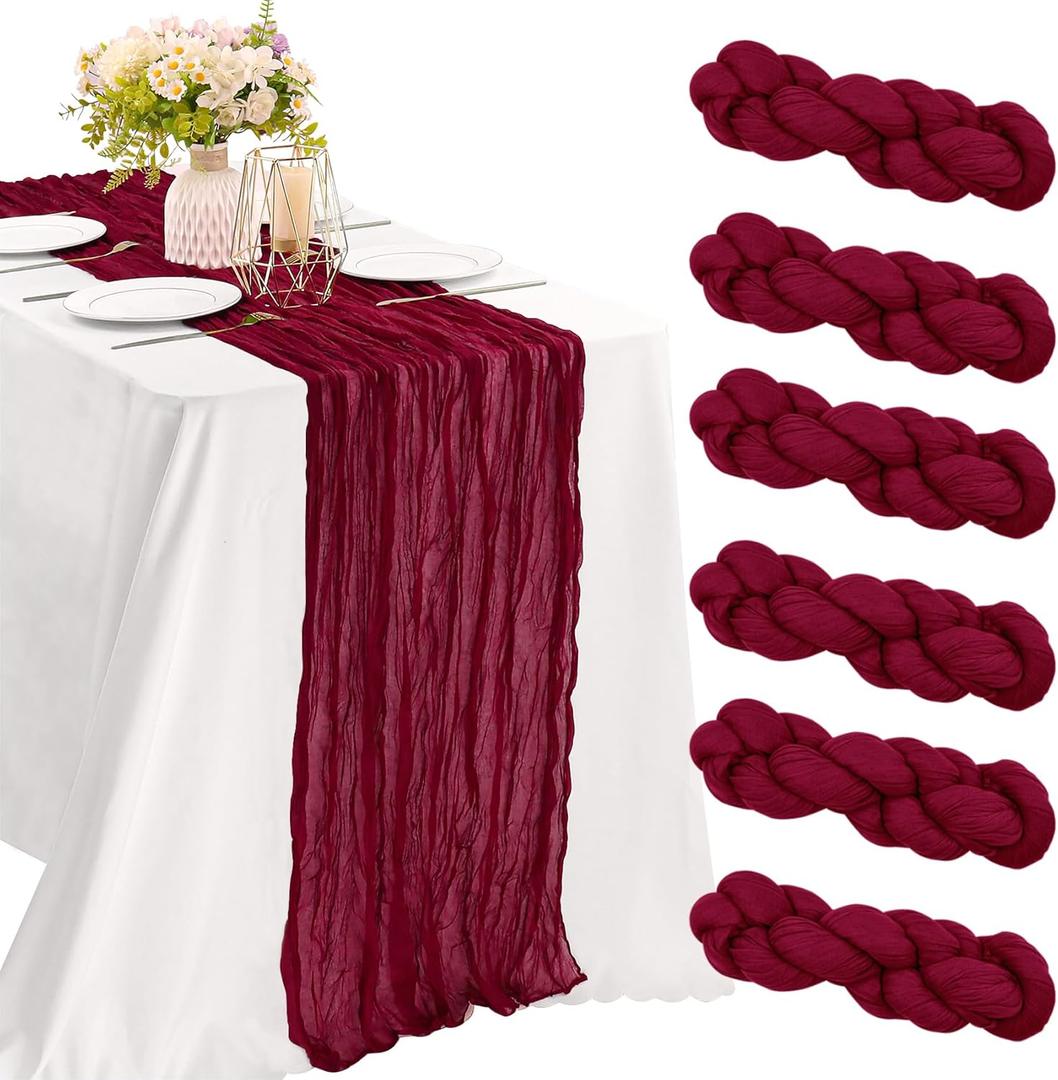 6 Pieces Burgundy 10FT Cheesecloth Table Runner Boho Gauze Fabric Table Runner Rustic Sheer Runner for Wedding Birthday Baby Shower Party Boho Table DecorationBurgundy (35" x 120"-6 Pack)