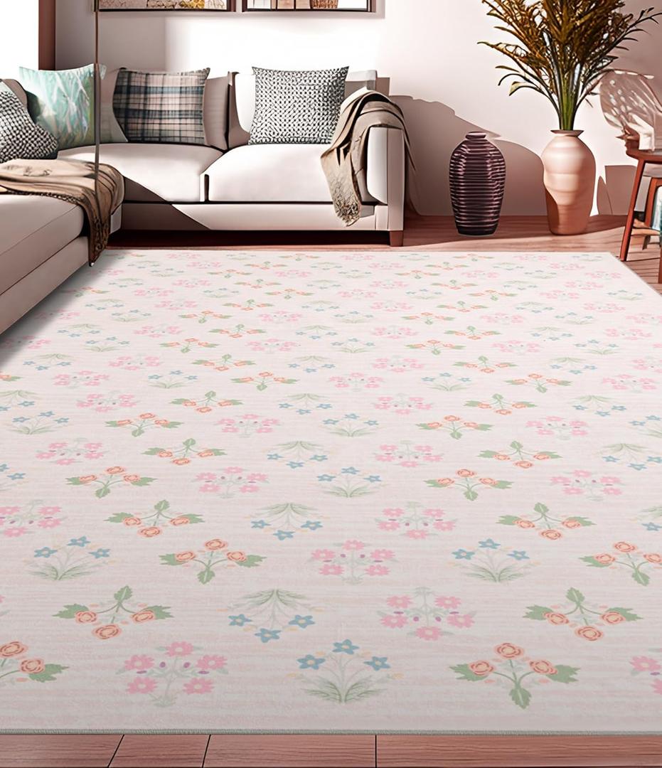 YIHOUSE Pink Floral Washable Area Rug 120 x 82 Inch'- Large Colorful Living Room Rug Ultra-Thin Non-Slip Area Rug for Bedroom, Nursery Room, Kids Room (Pink, 120 x 82 Inch)