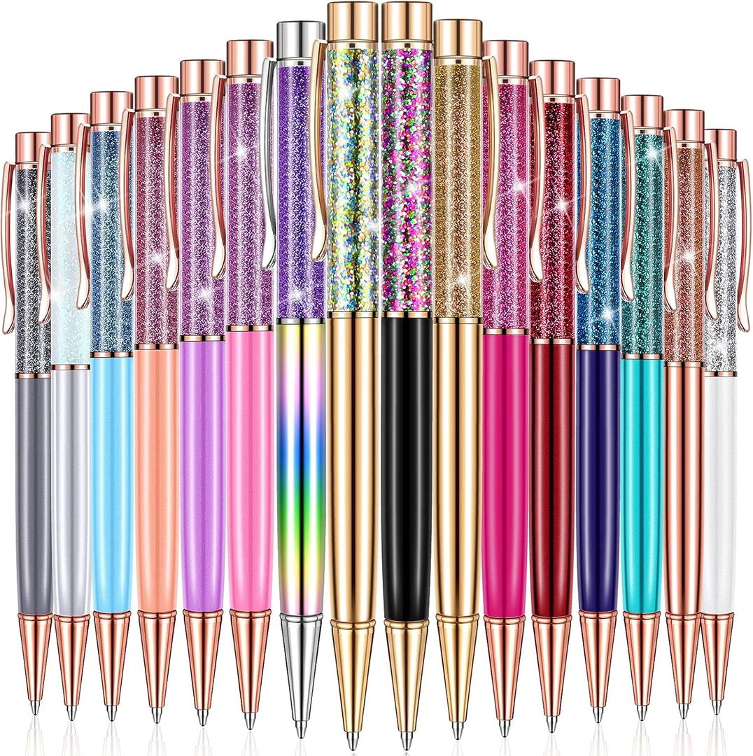 HESTYA 16 Pcs Glitter Pens Fancy Crystal Ballpoint Pens with Dynamic Liquid Sand & Refills Bling Metal Black Ink Flower Gift Pen for Office School Birthday Wedding(Liquid Style)
