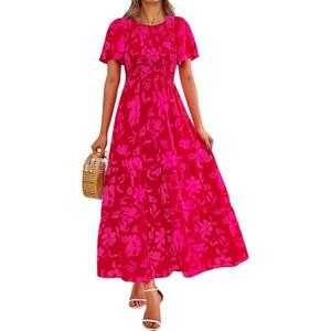 PRETTYGARDEN Women's 2026 Summer Casual Flutter Short Sleeve Boho Floral Maxi Dress Crew Neck Smocked Tiered Long Dresses (Red, L)